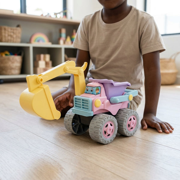 Kids Construction Excavator and Dump Truck Toy in use by a child, promoting outdoor play and creativity.
