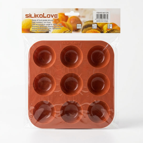 Non-Stick 12 Cup Silicone Muffin Pan in bright orange color packaging, ideal for baking cupcakes without sticking.