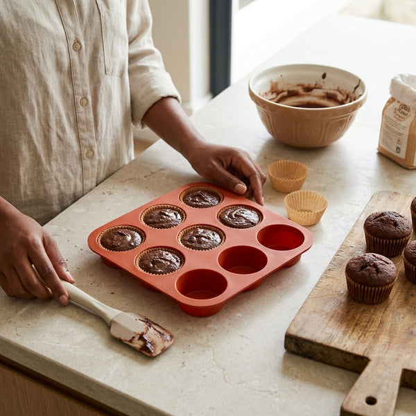 Non-Stick 12 Cup Silicone Muffin Pan filled with chocolate batter, baking muffins on a kitchen countertop.