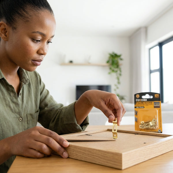 Woman installing Triangular Sawtooth Picture Hanger on a wooden frame with picture hooks in the background.