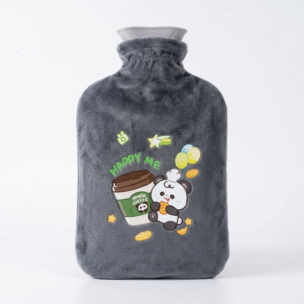 2L Hot Water Bottle with Plush Cover featuring cute panda design and coffee cup illustration.