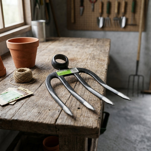 Farming Fork Hoe on a wooden table with gardening tools and pots in the background, perfect for cultivating soil.