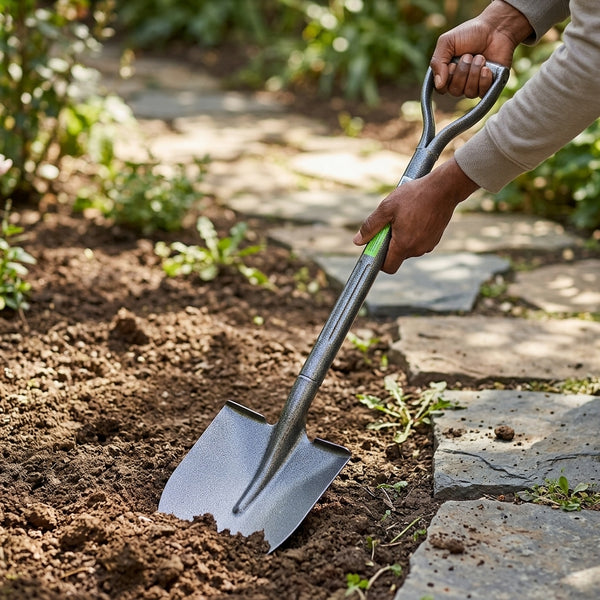 User using a Carbon Steel Round Point D Handle Shovel to dig in garden soil.