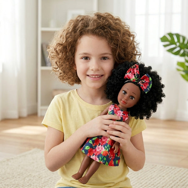 A child holds the 13-Inch Lifelike Black Girl Fashion Doll with curly hair and a floral dress, smiling in a bright room.