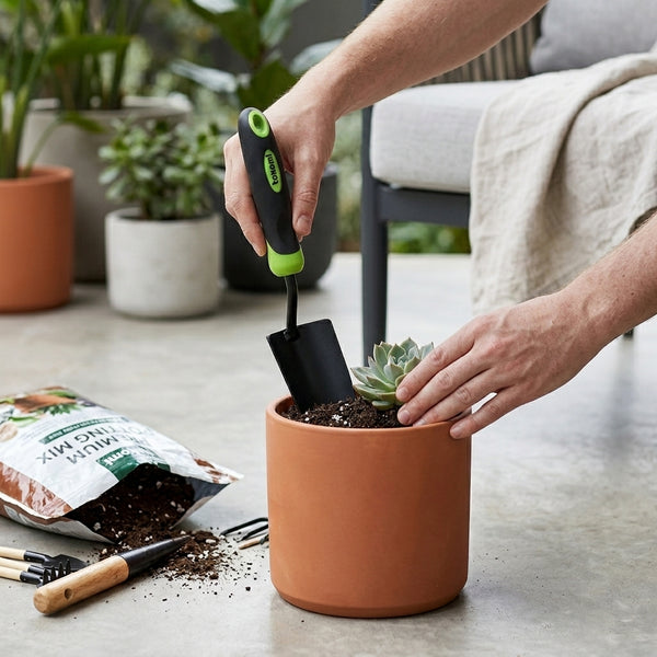 Person using a Heavy Duty Stainless Steel Garden Hand Trowel to plant a succulent in a terracotta pot.