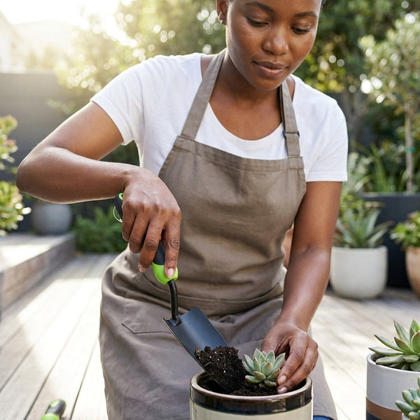 A person using a Heavy Duty Stainless Steel Garden Hand Trowel to plant in a pot outdoors.