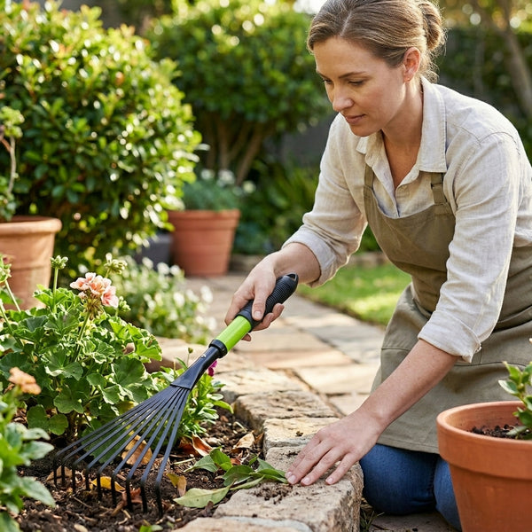 Woman using Metal Garden Lawn Rake with Telescopic Handle to tidy flower beds in a garden.