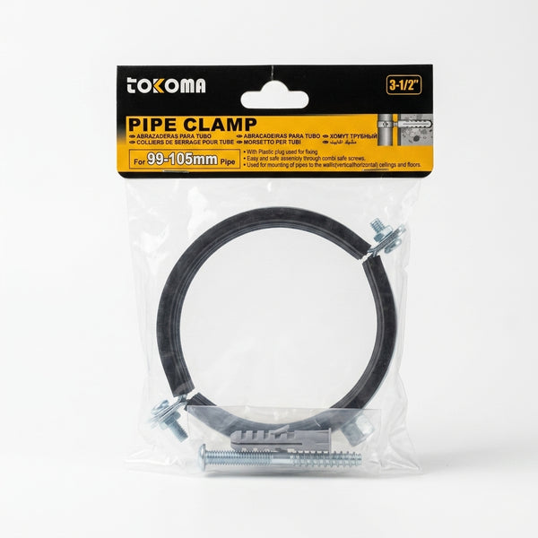 Heavy Duty Pipe Clamp with EPDM Rubber package displaying various components for 99-105mm pipes.