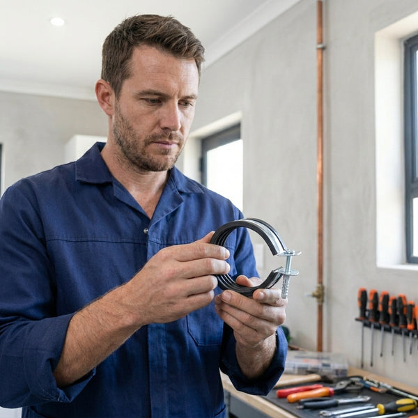 Heavy Duty Pipe Clamp with EPDM Rubber being examined by a technician in a workshop setting.