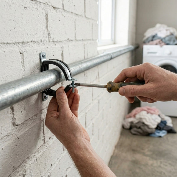Installing a Heavy Duty Pipe Clamp with EPDM Rubber on a wall to secure pipes quietly and effectively.