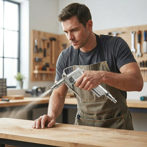 Man using DG-10 Metal Air Dust Blower Gun to clean wood surface in workshop.