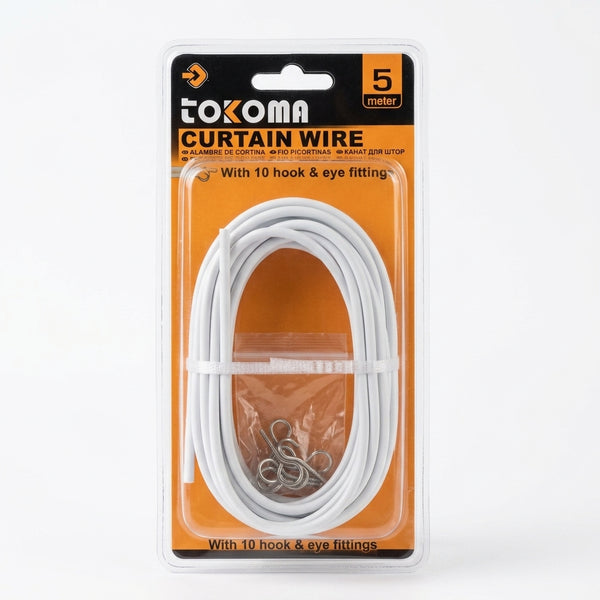 3M Flexible Aluminum Curtain Wire Cord in packaging for hanging curtains with hook and eye fittings.