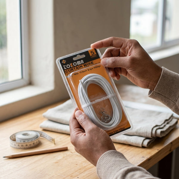 3M Flexible Aluminum Curtain Wire Cord packaging held by a person near a window with measuring tape.