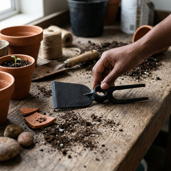 Person using a Carbon Steel Double Headed Garden Hoe-fork on a wooden table with potted plants and gardening tools.