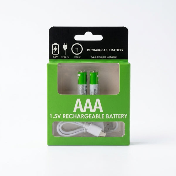 1.5V Rechargeable AAA Lithium Battery in packaging with USB-C cable included for easy charging.