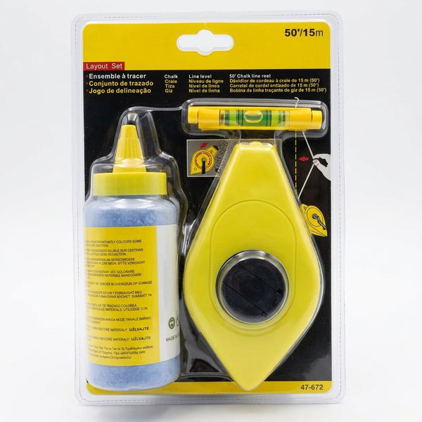 Heavy Duty Chalk Line Reel Kit with chalk, reel, and level for accurate long line measurements