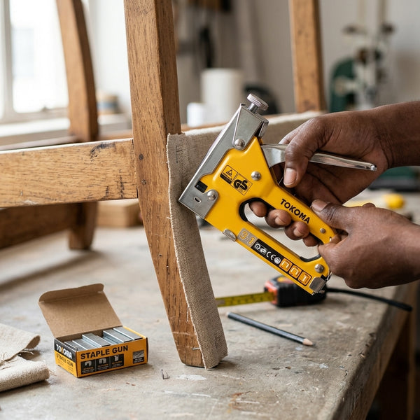 Person using an Industrial Metal Brad Nail Gun to staple fabric onto a wooden chair during a DIY upholstery project.
