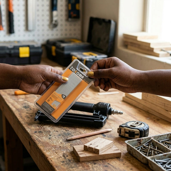Two hands exchanging a pack of F30 18 Gauge Brad Nails in a workshop with tools on the table.