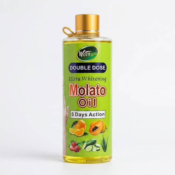 Double Dose Molato Skin Brightening Oil bottle with fruit extracts for healthy skin.