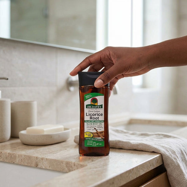 Hand holding Deep Hydrating Licorice Root Glow Body Oil bottle in a modern bathroom setting.