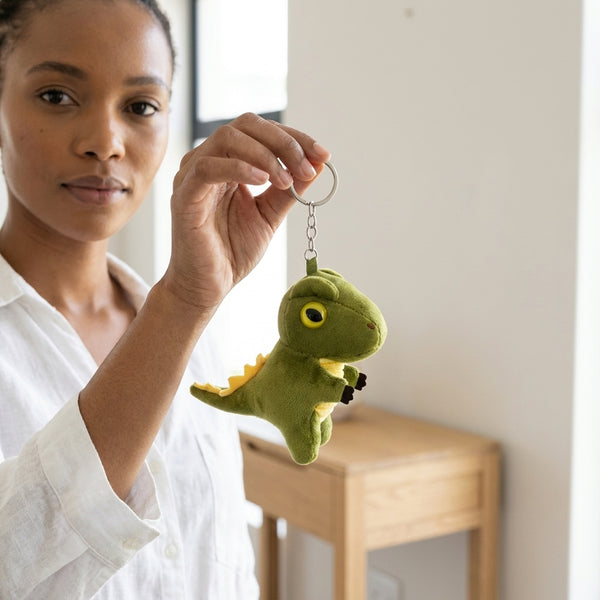 Cute Tyrannosaurus Rex Dinosaur Plush Backpack keychain held by a woman, showcasing the cute plush design.