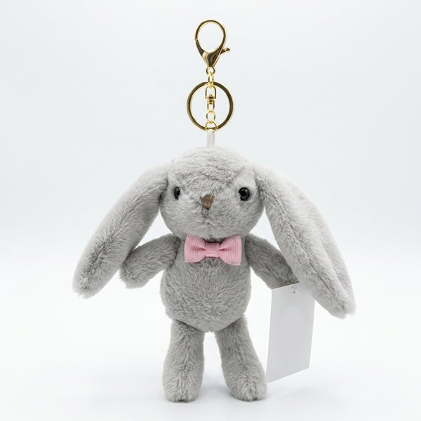 Necktie Rabbit Plush Keychain Pendant with a soft gray rabbit and pink bow tie, perfect for decorating bags.