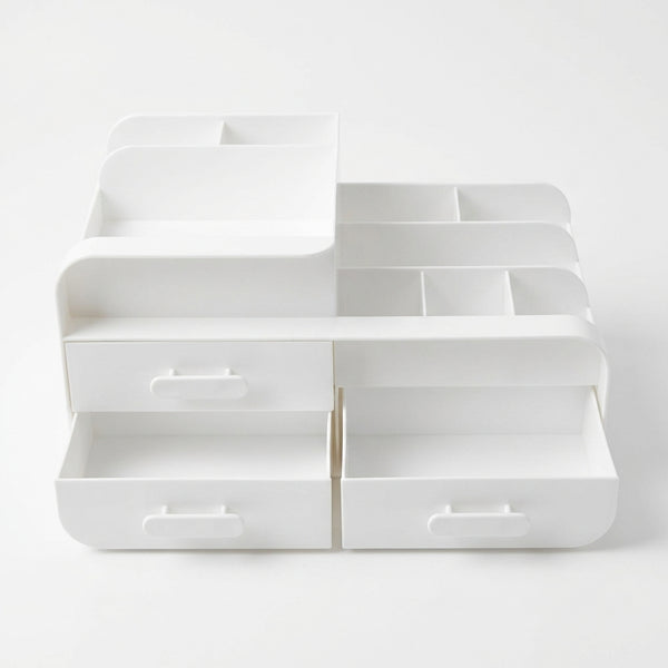 Double-Layer Cosmetics Storage Box with multiple compartments for organized beauty products.