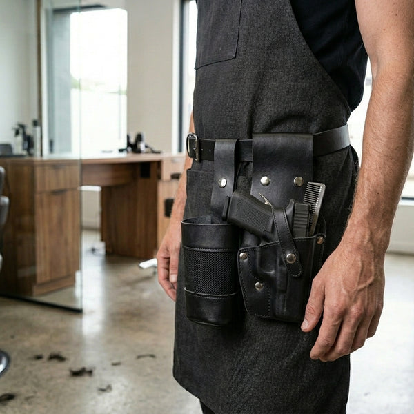 Black Leather Barber Tool Holster securely holding essential barbering tools and accessories.