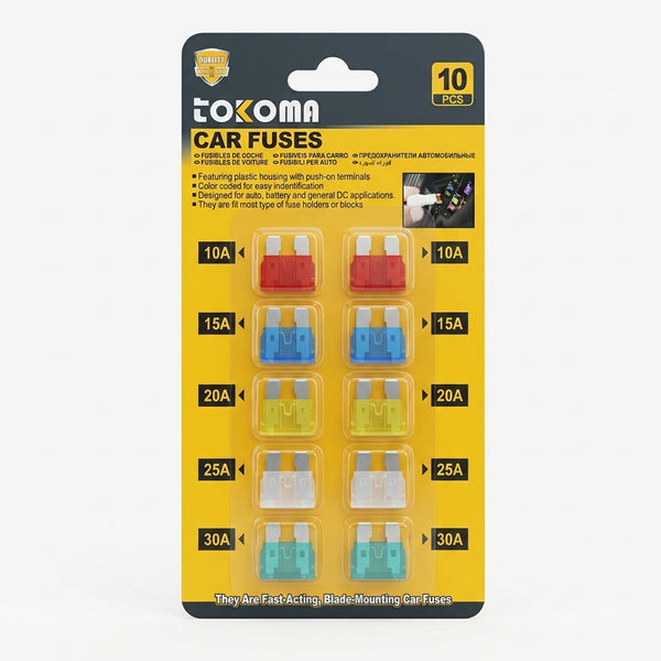 10 Piece Assorted Car Fuse Kit - blade fuses on a card showing various amperage ratings for vehicle electrical protection.