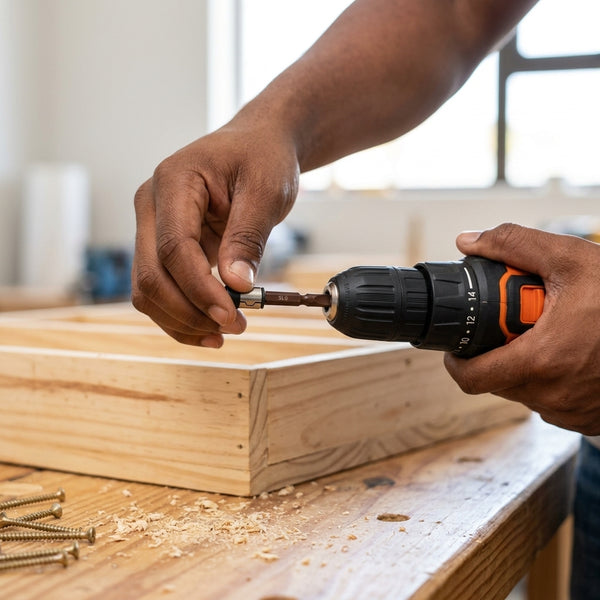 Person using Hexagonal Quick Transfer Batch Head to change drill bits while working on a wooden project.