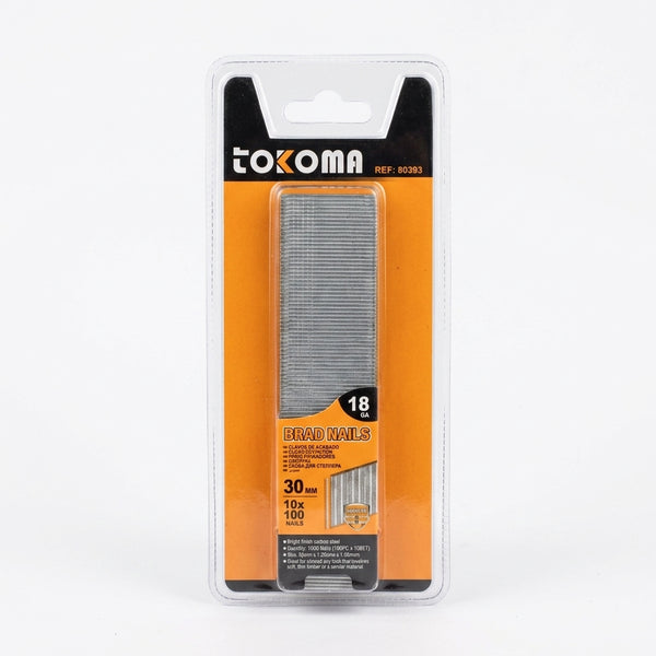 F30 18 Gauge Brad Nails packaging by Tokoma with clear view of nails and product details.