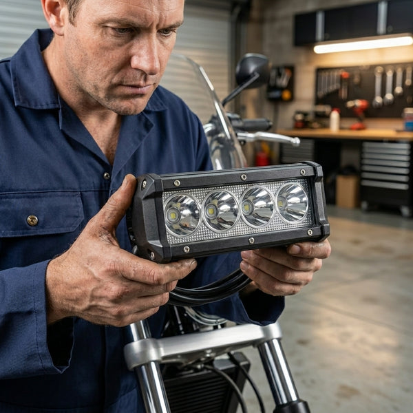 Technician inspecting IP67 Waterproof 36W LED Linear Lighting Fixture in garage environment.
