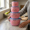 Insulated Stainless Steel Thermal Food Warmer stacked casserole dishes in pink with floral design.