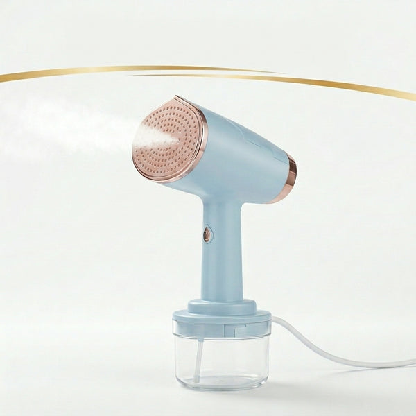 1000W Handheld Portable Garment Steamer in blue, emitting steam for wrinkle removal.