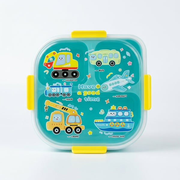 Square 1200ml 3 Compartment Lunch Box featuring colorful vehicle designs and cheerful graphics.