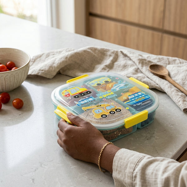 Square 1200ml 3 Compartment Lunch Box with colorful vehicle design and yellow clips, perfect for organized meals.