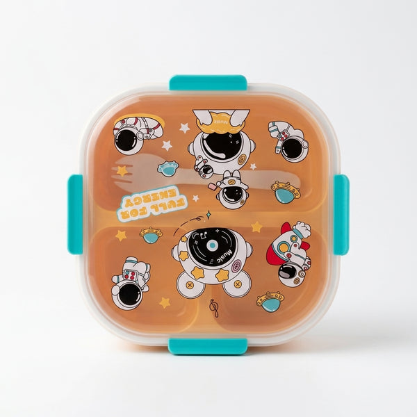 Square 1200ml 3 Compartment Lunch Box featuring playful astronaut designs and vibrant colors.
