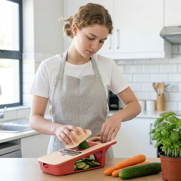 A person using a 3 in 1 Multi-Functional Vegetable Slicer Chopper to slice cucumbers in a kitchen.