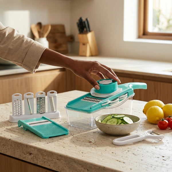 Multi-functional Kitchen Vegetable Cutter Slicer shown in use with fresh vegetables on a countertop.