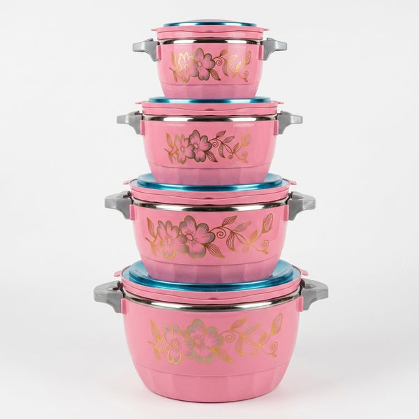Insulated Stainless Steel Thermal Food Warmer stacked casserole dishes in pink with floral design.