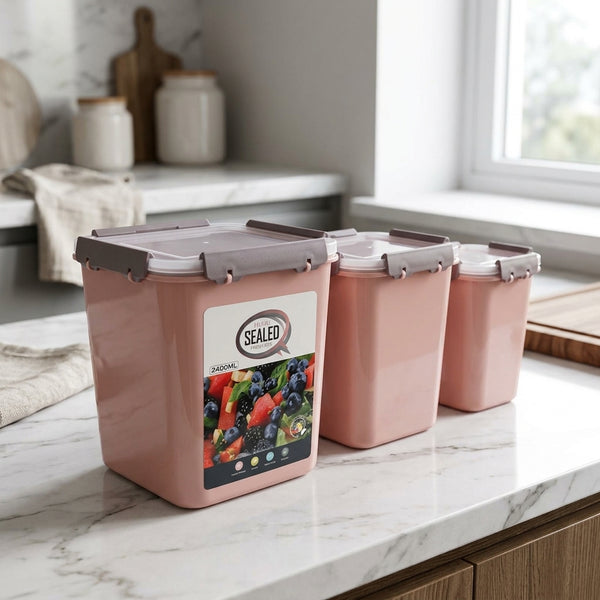 3 Piece Sealed Fresh Box Plastic Storage Container Set in a kitchen with a marble countertop.