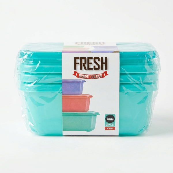 3-Piece Square Plastic Food Container with Latching Lids in vibrant colors for fresh food storage.