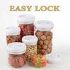 Easy Button Round Kitchen Storage Jar set with assorted dry ingredients and one-touch sealing mechanism.