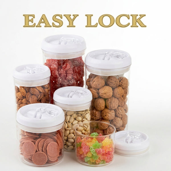 Easy Button Round Kitchen Storage Jar set with assorted dry ingredients and one-touch sealing mechanism.