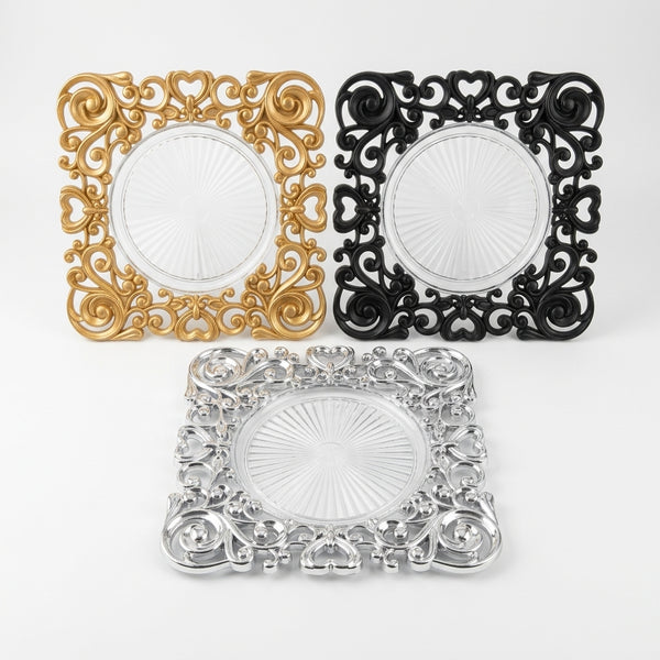 Luxury 12 Inch Eco-Friendly Disposable Round Plate in gold, black, and silver designs for elegant events.