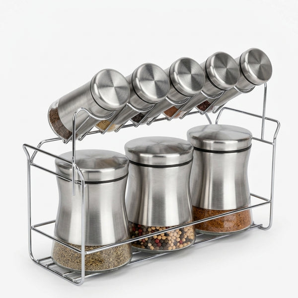 Stainless Steel and Glass Spice Jar Rack Set showcasing sleek design and organized spice storage.