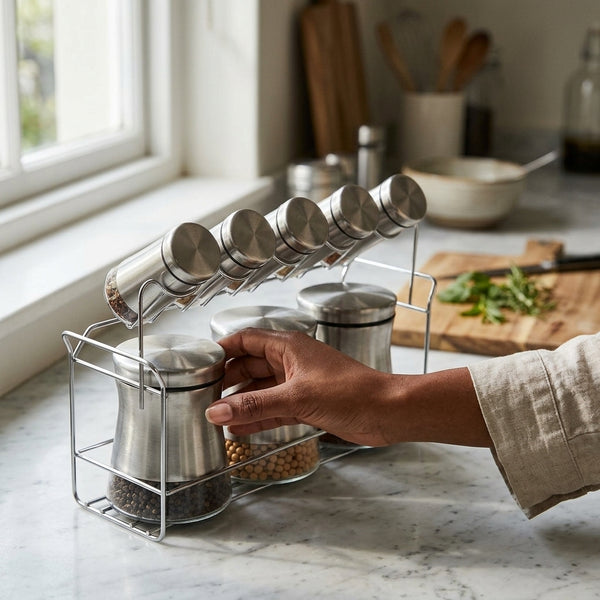 Stainless Steel and Glass Spice Jar Rack Set with jars organized on a countertop, perfect for kitchen storage.