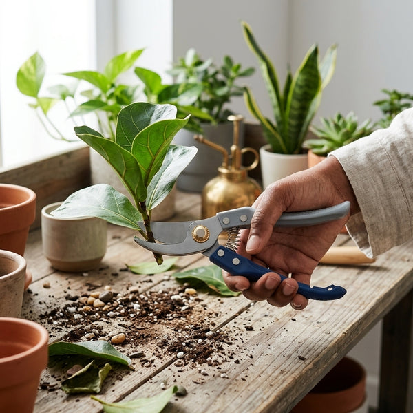 Person using 8 Inch Heavy Duty Bypass Garden Pruning Shears to trim a plant in a potting setup.