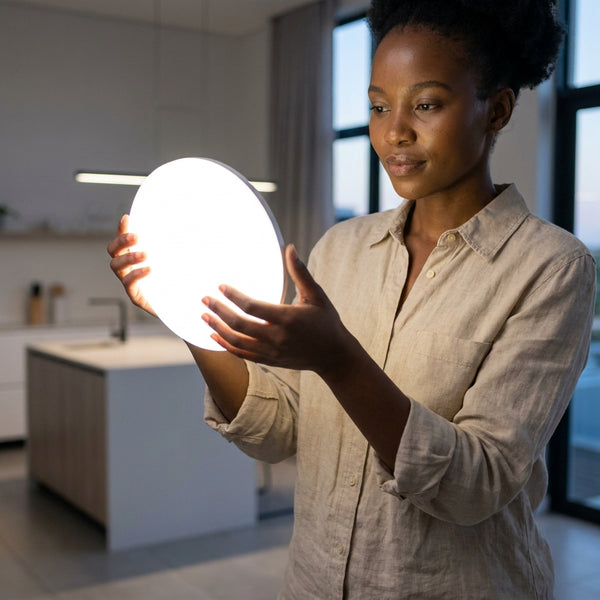 A woman holding the 24W Rechargeable Emergency LED Ceiling Light in a modern kitchen.