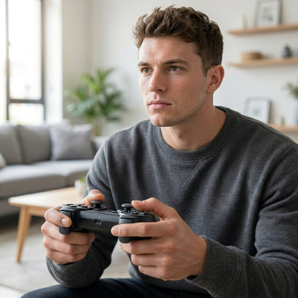 A man seated in a living room playing with a PS3 Wired Joystick Game Controller, focused and engaged.